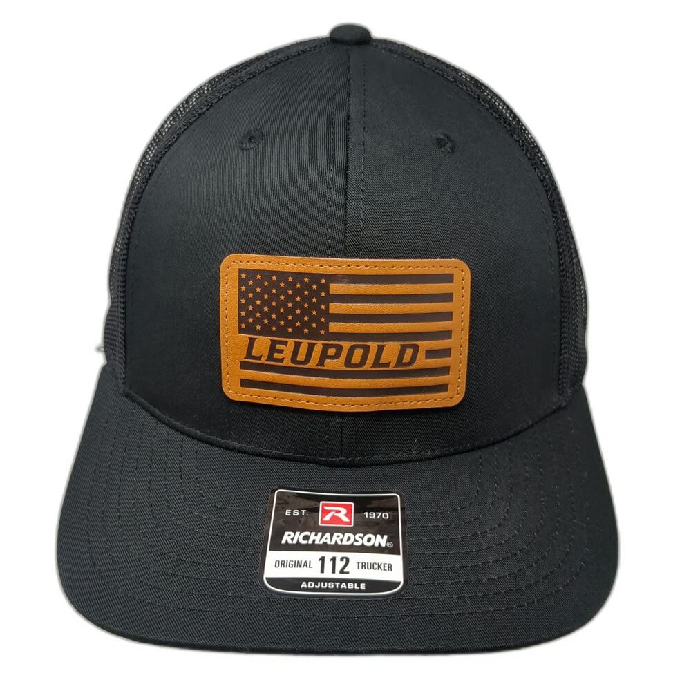 Richardson Trucker Hat Black One Size Leupold US Flag Leather Patch Mesh Back